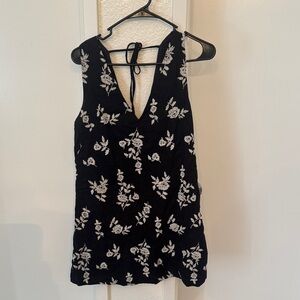 Black V-Neck Mini Dress with White Floral Embroidery
